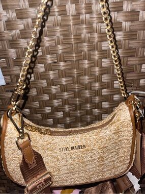 Steve Madden Straw Shoulder Bag with Gold Chain and Brown Trim